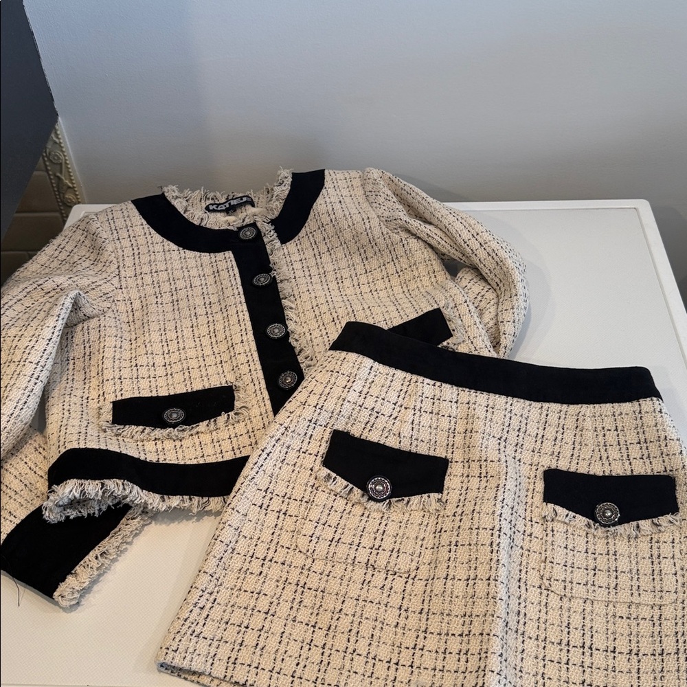 Katie J. Chic Boucle/Tweed Mini Skirt and Jacket with Black Accents